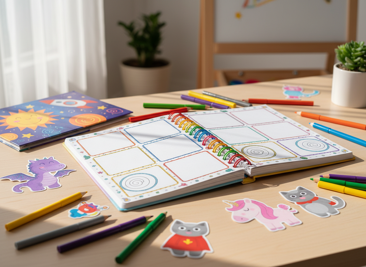 A colorful, spiral-bound children’s writing workbook lying open on a light wooden table, its thick, matte pages filled with blank story frames, doodle spaces, and playful icons. Scattered around are chunky colored pencils, a rainbow of gel pens, and a few whimsical paper cutout characters that look ready to leap into a story. Soft morning sunlight pours in from an unseen window, gently illuminating the pages and creating long, cozy shadows. Photographic realism with a bright, vibrant palette, captured from a slightly elevated angle with a shallow depth of field so the workbook is in crisp focus while the background blurs into a warm, inviting glow, suggesting imagination about to begin.