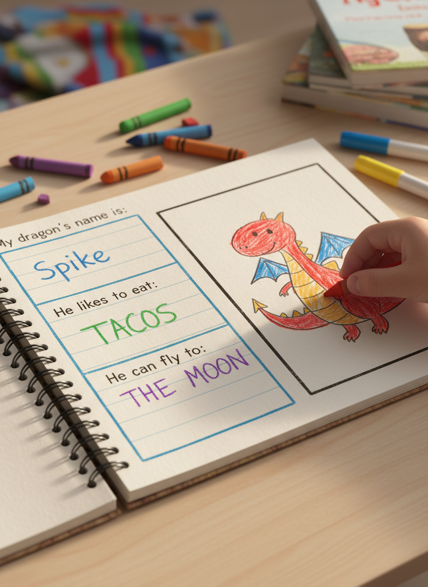 A close-up of a partially completed children’s storybook page inside a sturdy, kid-friendly workbook, with thick, off-white paper textured just enough to catch soft graphite and crayon. One page shows lined sections with simple prompts, the opposite page features a large, empty box where a hand-drawn dragon made of simple shapes is halfway colored. Chunky crayons and stubby markers lie scattered nearby. Gentle afternoon light from the side creates subtle shadows along the spiral binding and rich color on the illustrations. Photographic realism, captured at an eye-level angle with a shallow depth of field, creating a cozy, focused, and playful atmosphere perfect for storytelling.